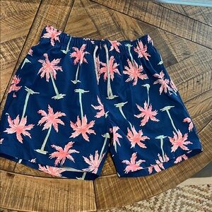 Surf Style Navy and Pink Palm Tree Men's Athletic Shorts